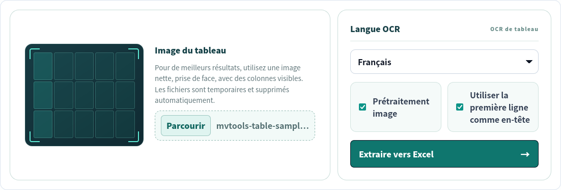Outil Image vers Excel avec exemple français sélectionné, prétraitement et ligne d’en-tête activés