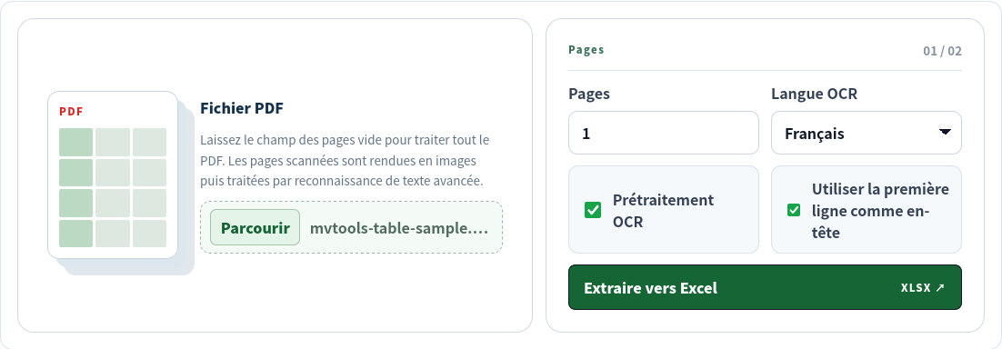 Outil PDF vers Excel avec PDF image français sélectionné et page 1 saisie