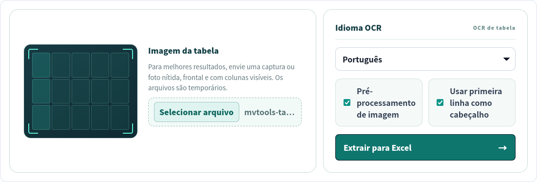 Imagem de tabela para Excel com exemplo em português selecionado, pré-processamento e cabeçalho ativados