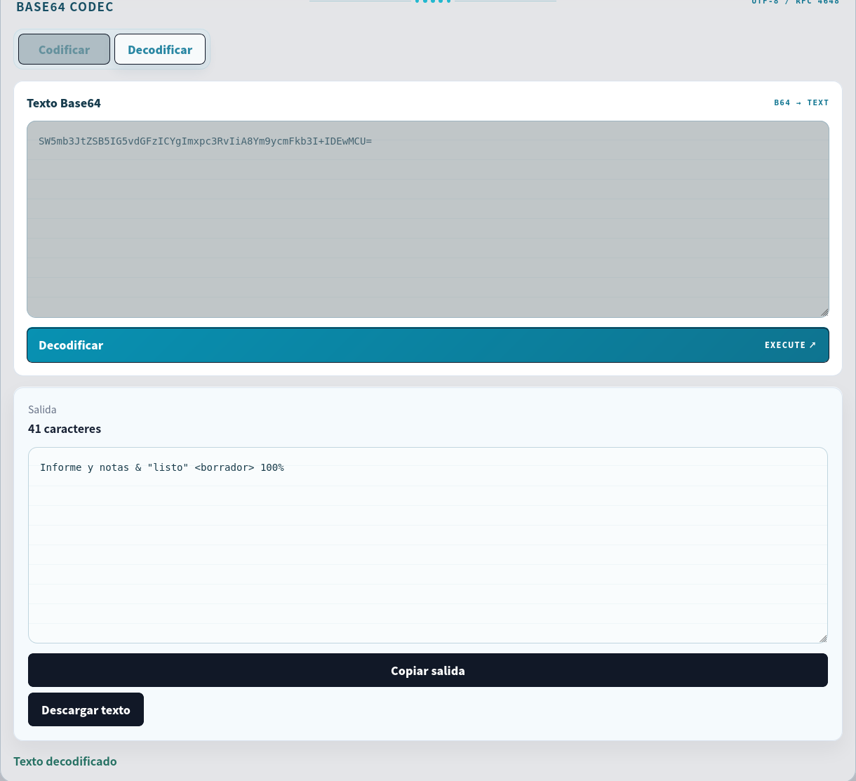Valor Base64 decodificado al texto original.