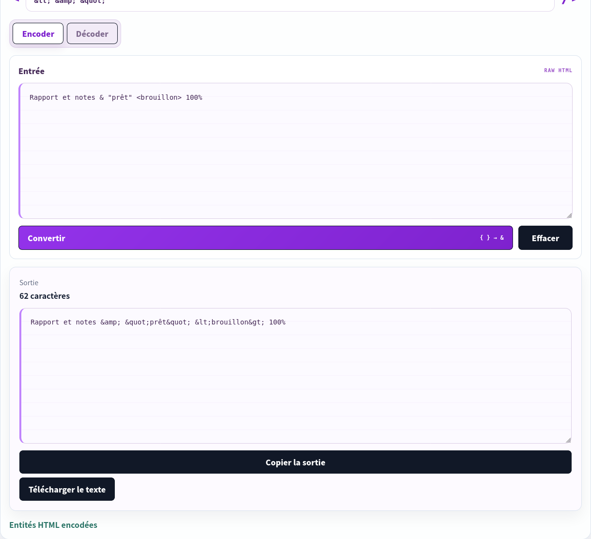 Caractères HTML spéciaux encodés comme entités.