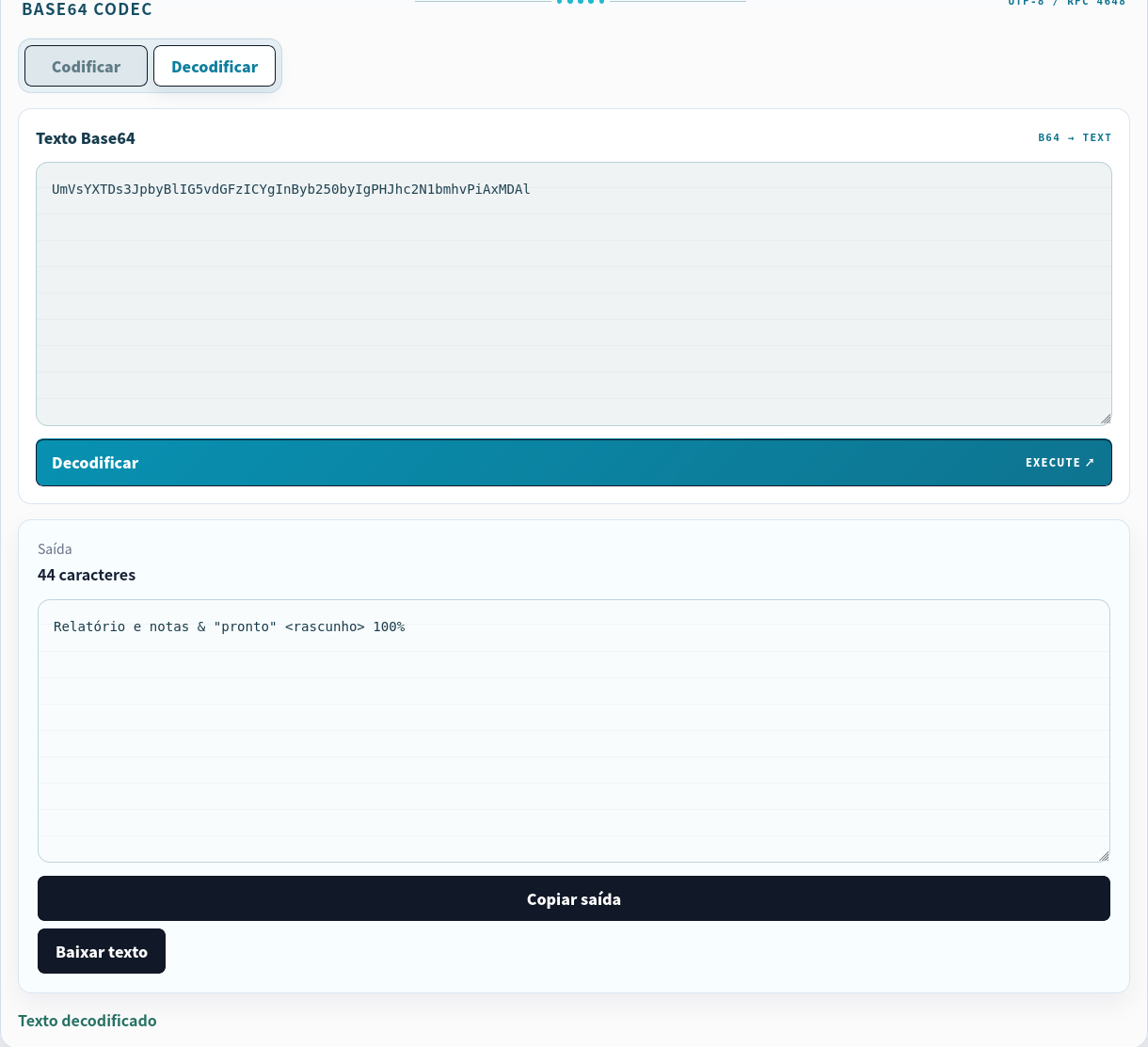 Valor Base64 decodificado para o texto original.