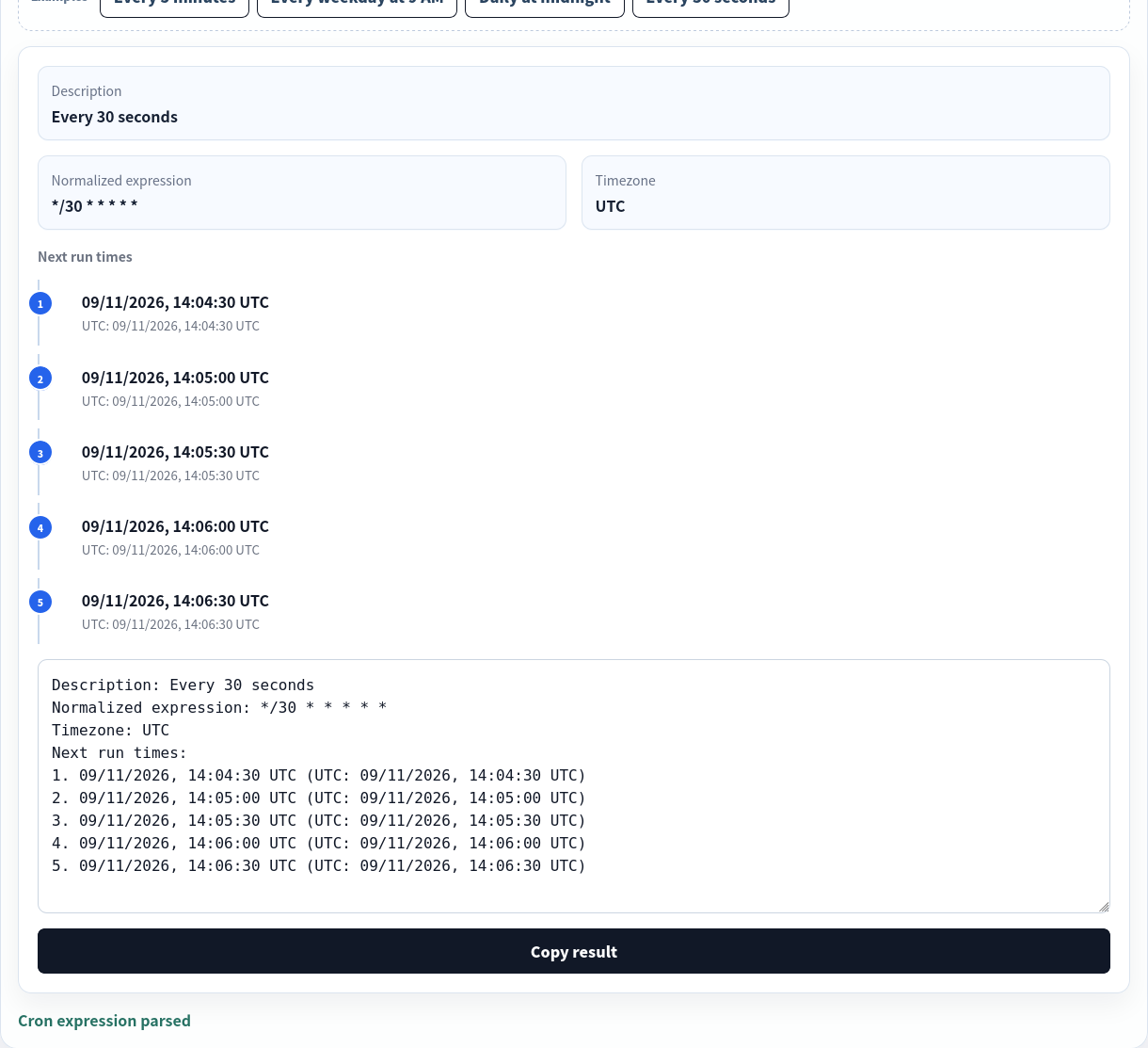 Six-field seconds cron parsed in UTC.