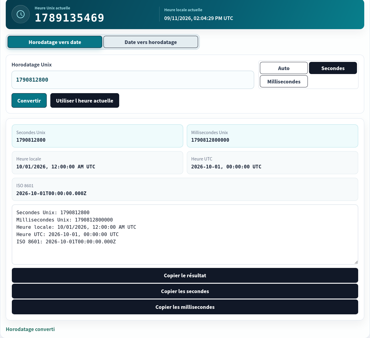 Timestamp Unix converti avec l’unité Secondes.