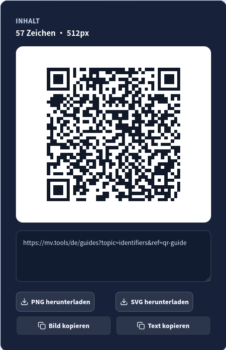 QR-Vorschau, sichtbare Nutzlast und PNG/SVG-Downloads.