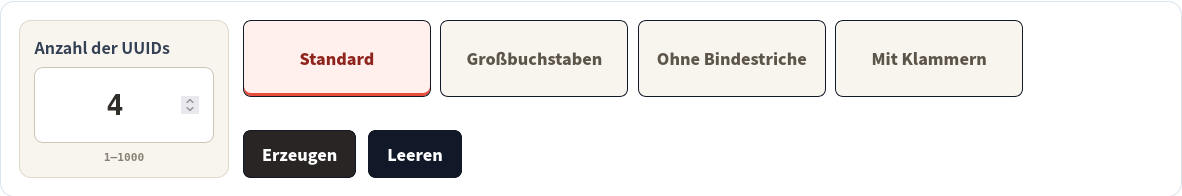 UUID-Generator für vier Standard-UUID-v4-Werte.