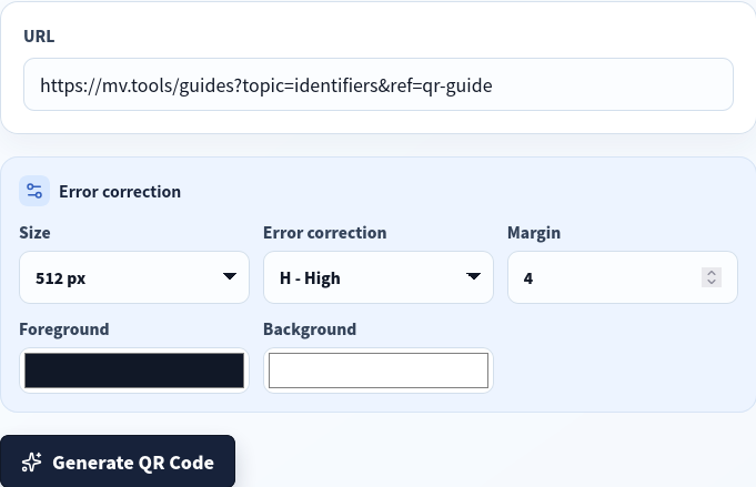 QR generator configured with a public URL, 512px size, H correction, and a clear margin.