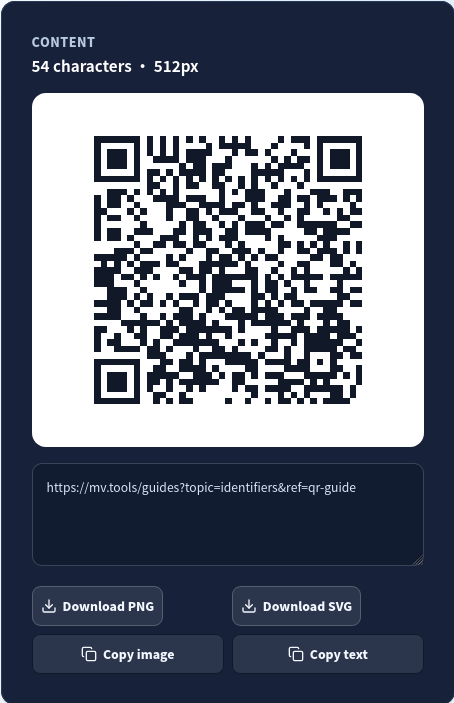 Generated QR preview, visible payload, and PNG/SVG download actions.