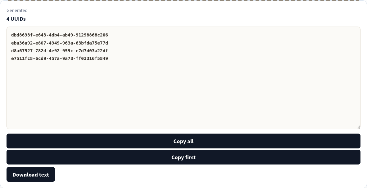 Four browser-generated UUID v4 values ready for local download.