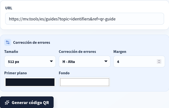 Generador QR con URL pública, 512px, corrección H y margen claro.
