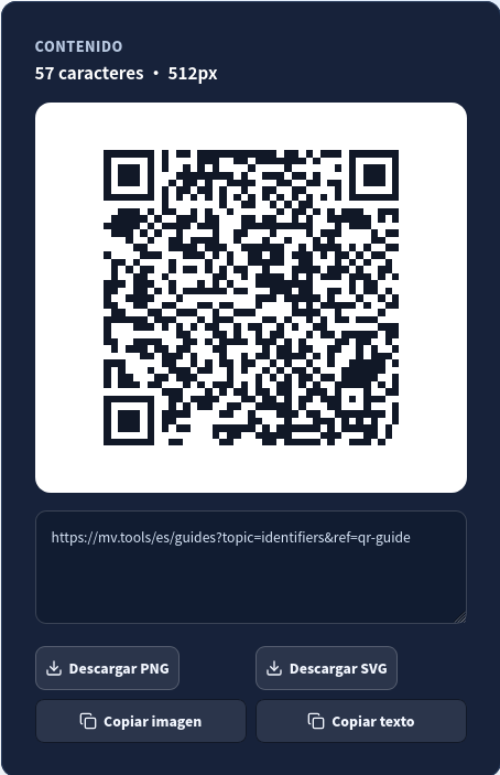 Vista QR, payload visible y descargas PNG/SVG.