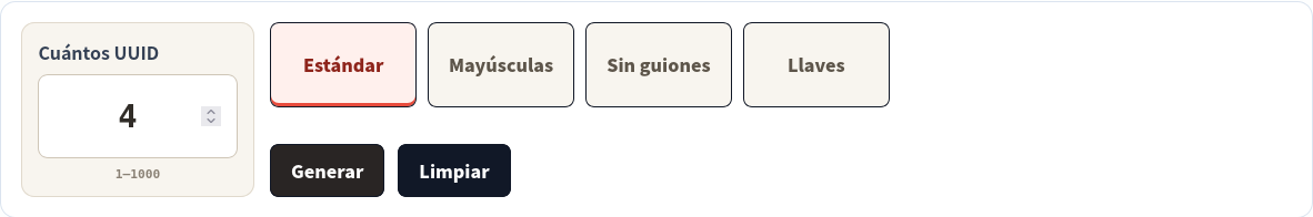 Generador UUID configurado para cuatro UUID v4 estándar.