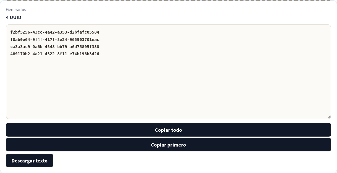 Cuatro UUID v4 generados en navegador.