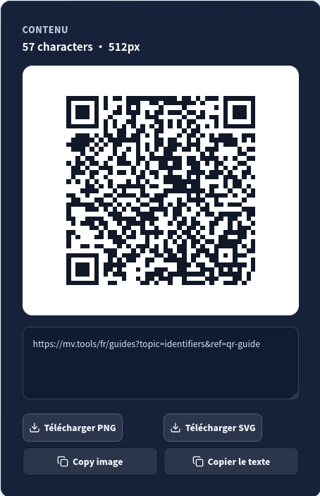 Aperçu QR, charge visible et téléchargements PNG/SVG.