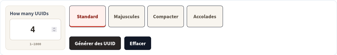 Générateur UUID réglé pour quatre UUID v4 standard.