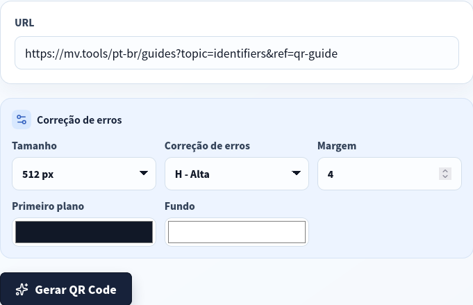Gerador QR com URL pública, 512px, correção H e margem clara.