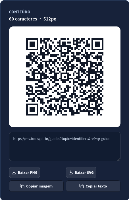 Prévia QR, payload visível e downloads PNG/SVG.