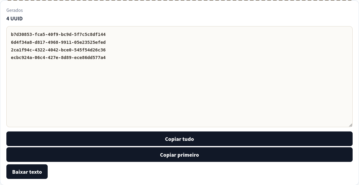 Quatro UUID v4 gerados no navegador.