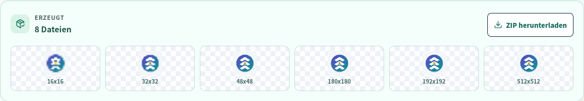 Abgeschlossenes lokales Favicon-Paket mit Vorschauen.