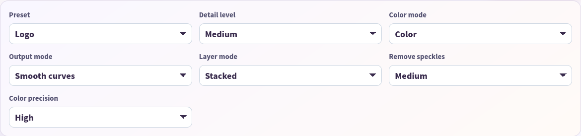 PNG-to-SVG settings for the Logo preset.