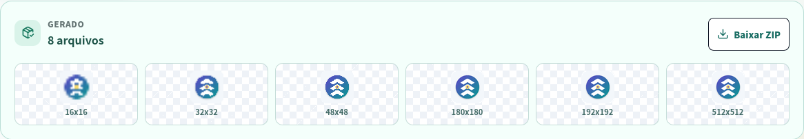 Pacote favicon local concluído com prévias.