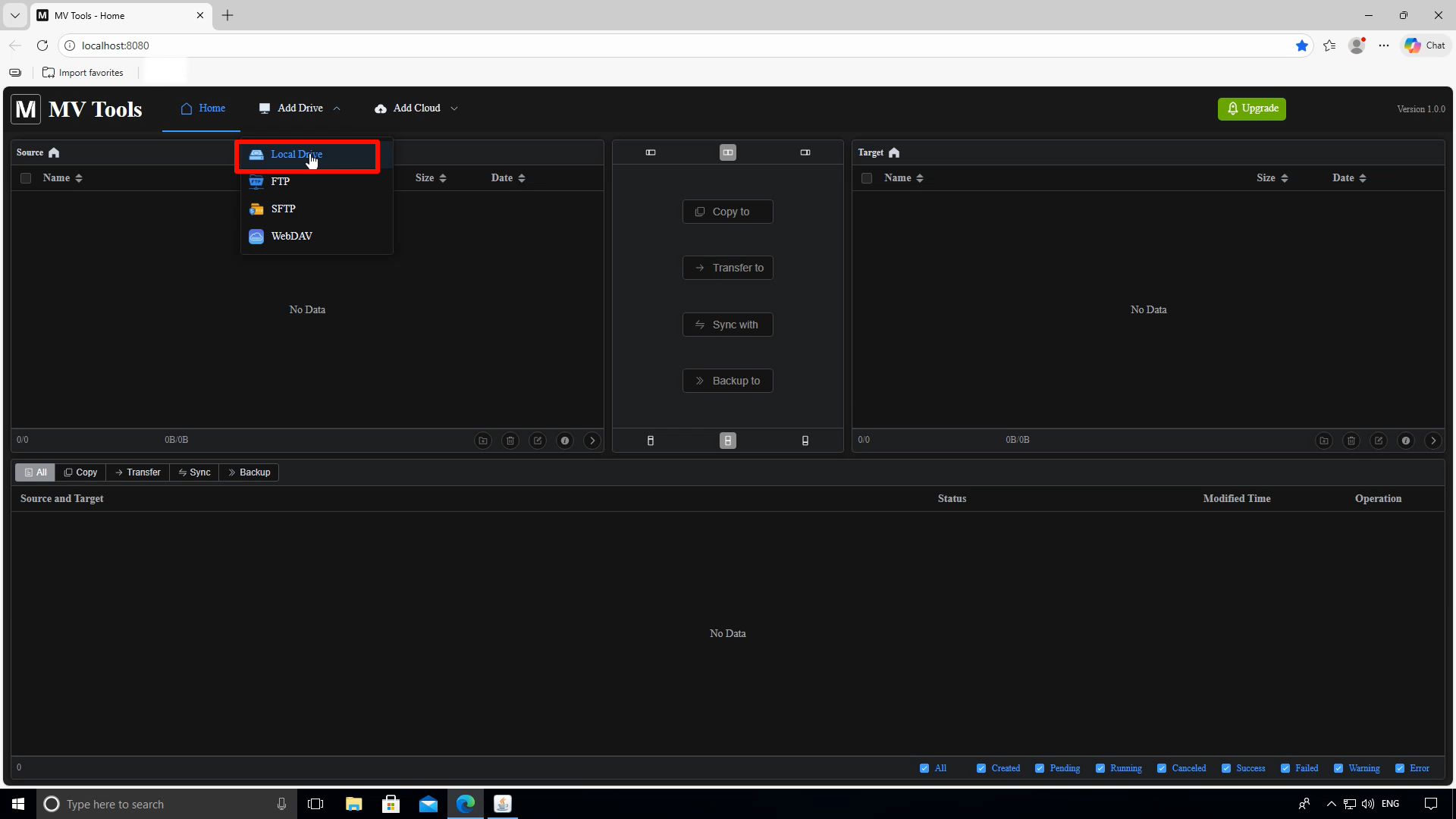 Click Add Drive and select Local Drive